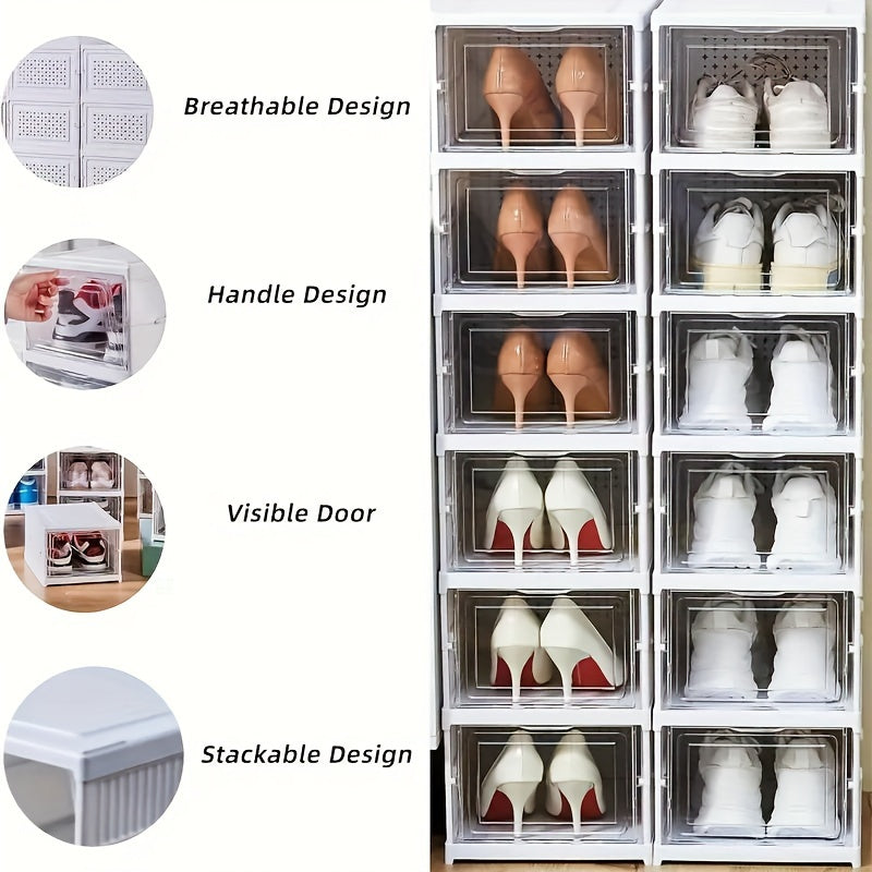 Free-Standing, Stackable & Dust-Proof Plastic Shoe Rack with Lid - Modern 6-Layer Foldable Storage Organizer for Entryway and Closet