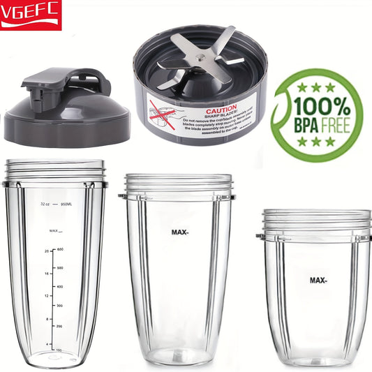 VGEFC NutriBullet Blender Accessories include clear plastic cup lids with measurement markings, leakproof flip-top lid for 600W & 900W models, blade assembly, and are compatible with