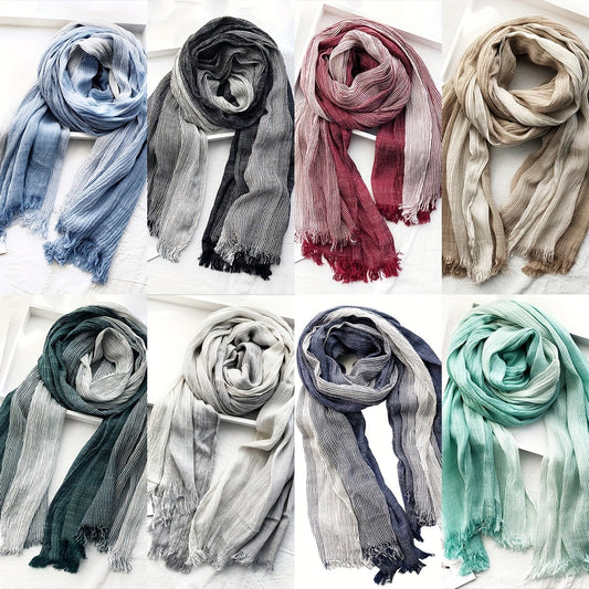 Embrace the Retro British Literary Style with this Popular Choice Elegant Light-Colored Cotton and Linen Scarf. Featuring Bohemian Weave, this scarf is perfect for Men's Spring, Autumn, and Winter. Dimensions: 187.96x79.98cm