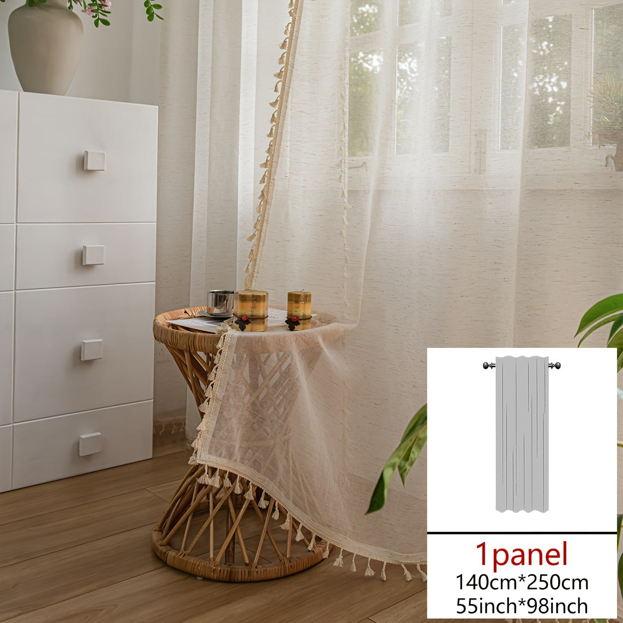 Single Bohemian Lace Curtain with Rod Design, Crafted from Solid Color Linen for Both Light and Privacy, Comes in Natural Wood Color, Sold Individually.