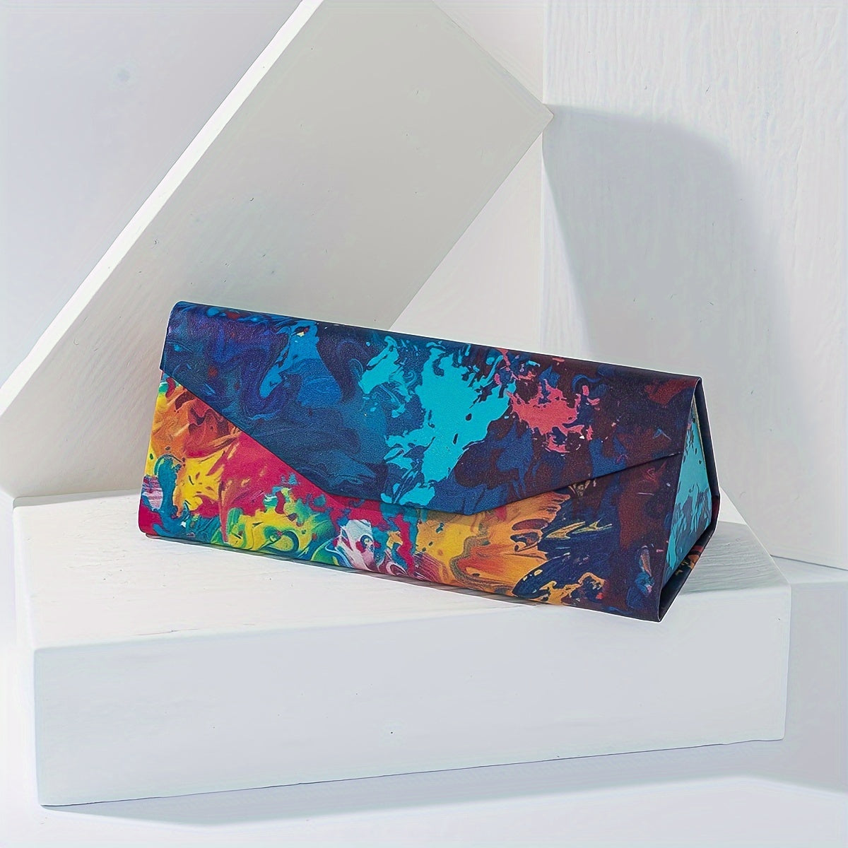 Artistic Color Block Portable Folding Glasses Case for Women with Hard Shell Eyewear Storage Box, featuring an Oil Painting Series Design.