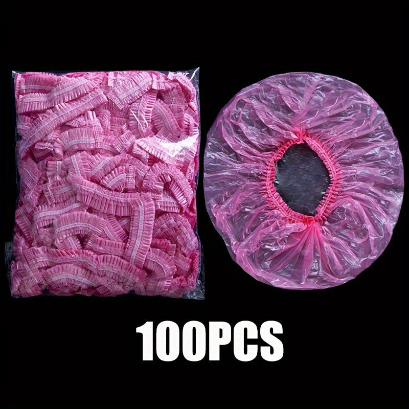 Disposable shower caps for women in a large size, made of elastic, waterproof polyester for use at home, spa, or salon.