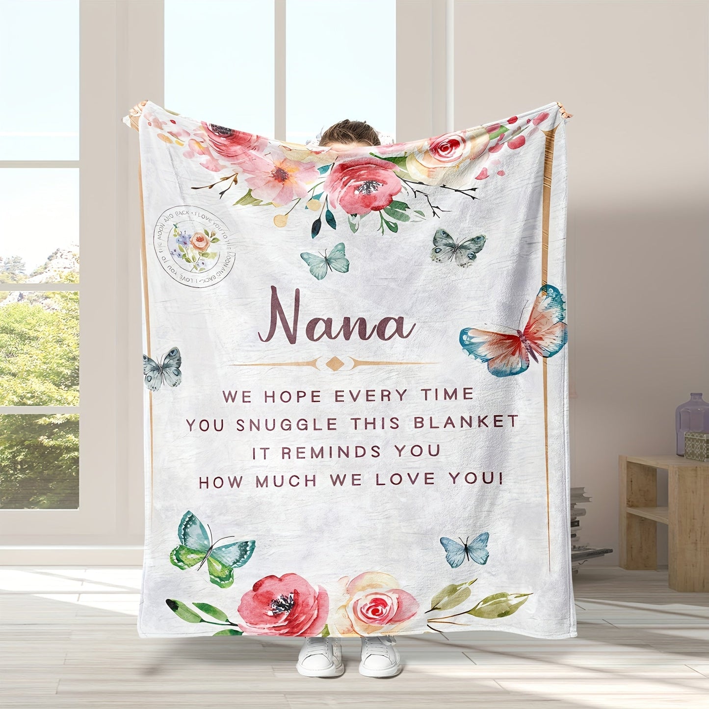 Soft plush Nana throw blanket with a floral and butterfly design, perfect cozy home decor and a great gift from granddaughter, 1 piece.