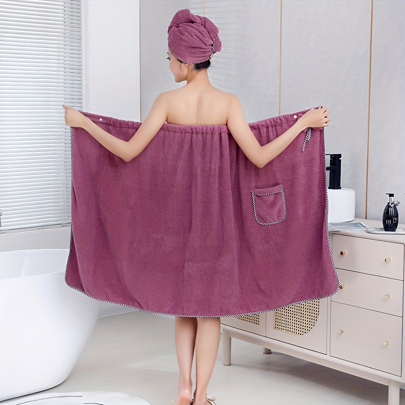 Two-piece bath towel set for adults includes wearable towel with hair towel, bowknot bath skirt, absorbent bathrobe with pockets, bow decor bath wrap towel with shower cap. Perfect bathroom accessories.