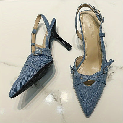 Blue cross strap women's high heel fashion sandals with pointed toe and hollow head.