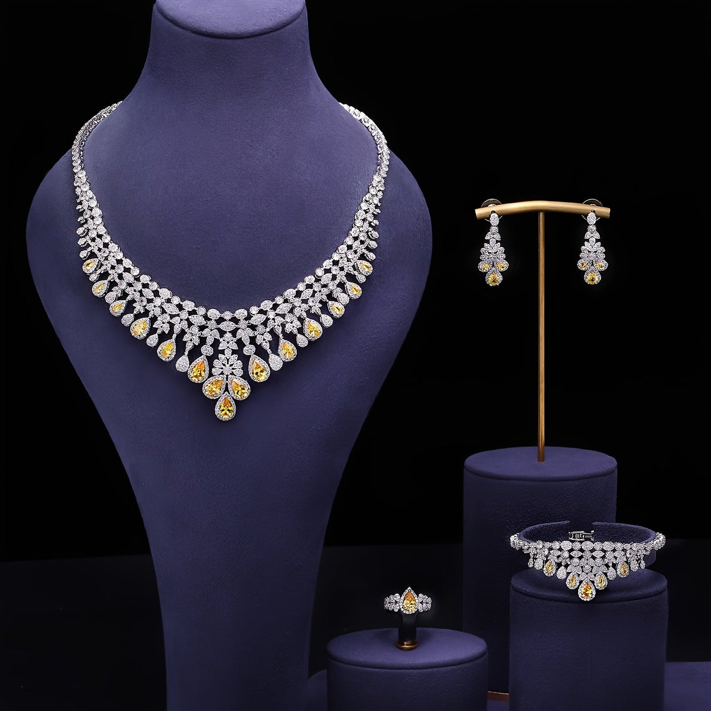 Exquisite Middle Eastern-Inspired Jewelry Collection - Platinum-Plated Copper adorned with Zirconia Details - Perfect for Weddings, Parties, and Ramadan - Includes Necklace, Earrings, Bracelet, and Ring - Timeless Beauty for Every Occasion