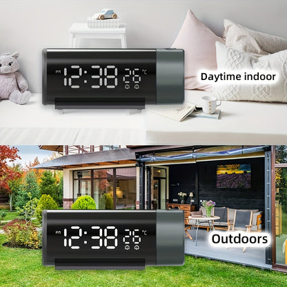 Digital smart projection clock with USB connection, dual alarms, sleepy function, time and temperature projection, and 4 brightness levels.