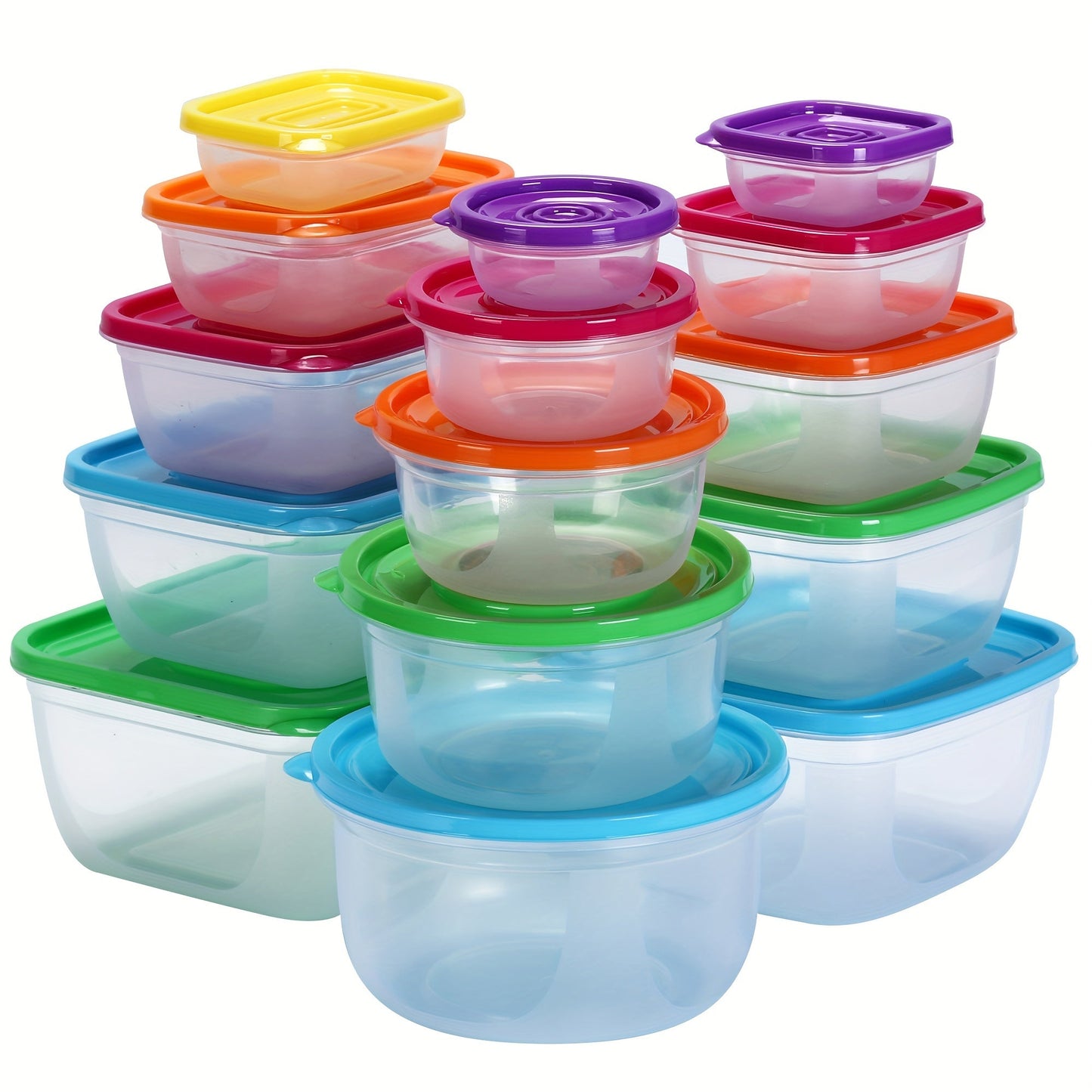 Set of 5 circular plastic food storage containers with matching lids, made without BPA and safe for use in the microwave. Featuring flip tops for convenience, these containers offer a large capacity and can be used for various purposes to keep food fresh