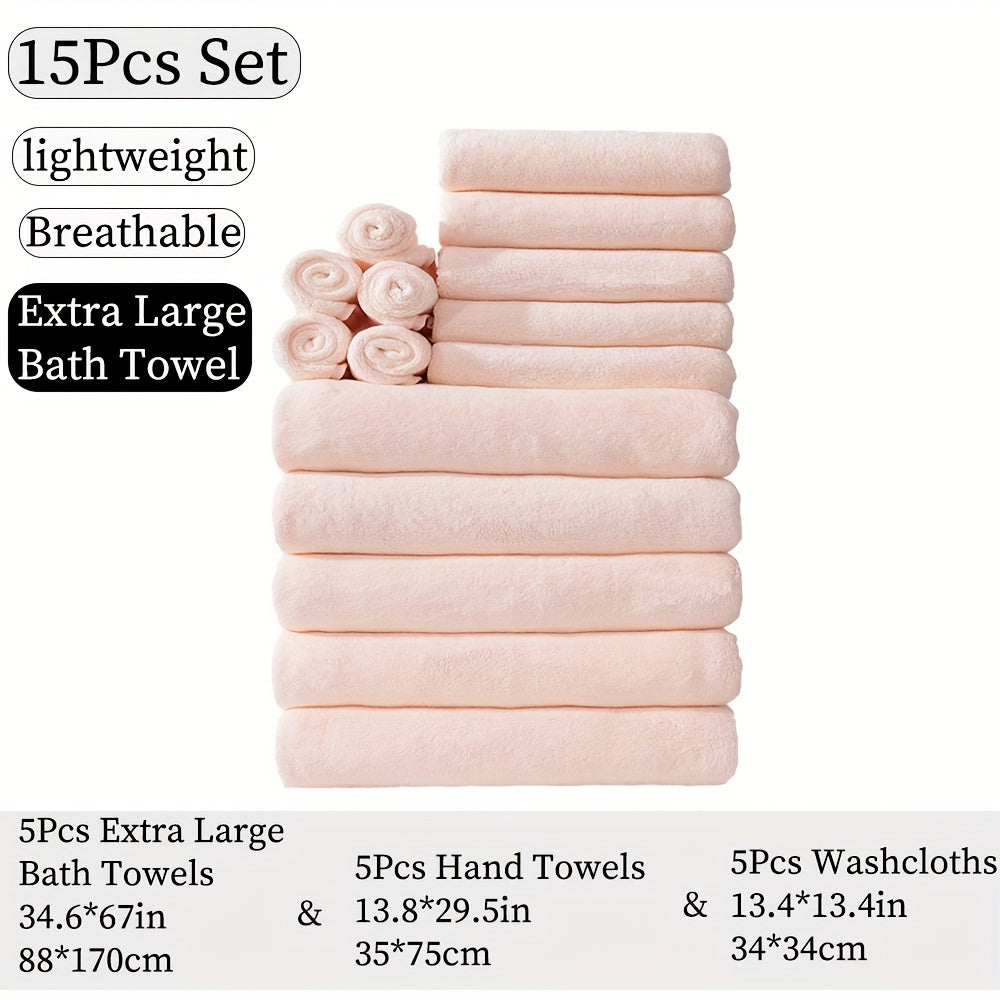 15-piece ultra-soft microfiber towel set in multiple colors, ideal for home and hotel showers.