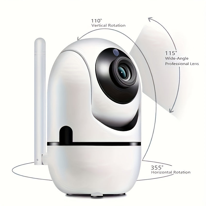 USB powered security camera with mobile app, 360° PTZ, two-way audio, motion tracking, color/infrared night vision, siren, cloud and SD storage, no battery needed for home security.