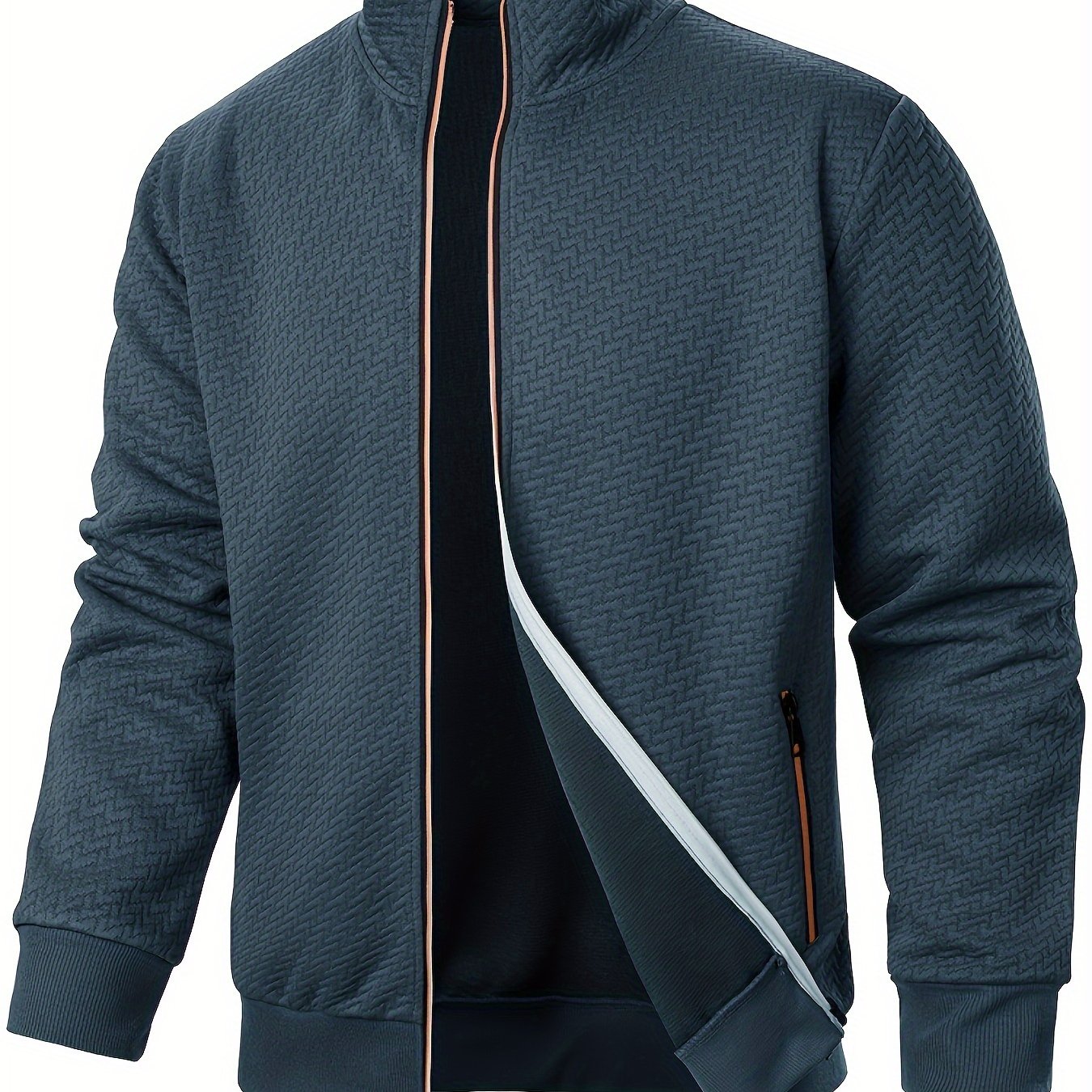 Men's Casual Zip Up Jacquard Jacket with Stand Collar and Hoodie, suitable for Spring, Fall, and Winter.