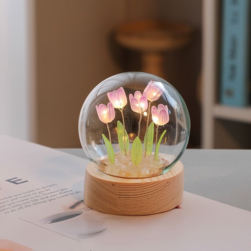 Modern handmade glass tulip night light with switch control. Perfect gift for Mother's Day or birthday. Battery-powered (battery not included).