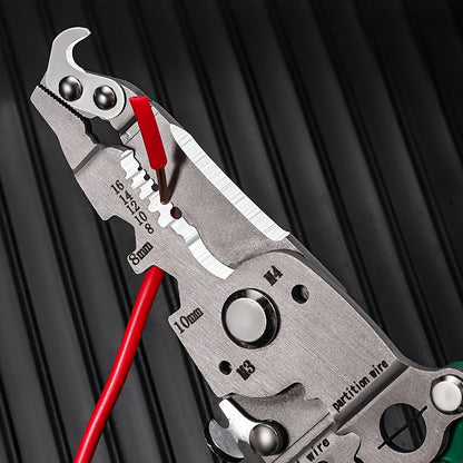 18-in-1 Foldable Wire Stripper & Cutter - Multi-Tool with Wrench, Clamp, Twist, Nail Puller & Screwdriver - Polished Metal Finish, Non-Slip Grip - Ideal for Electricians, DIY & Construction.