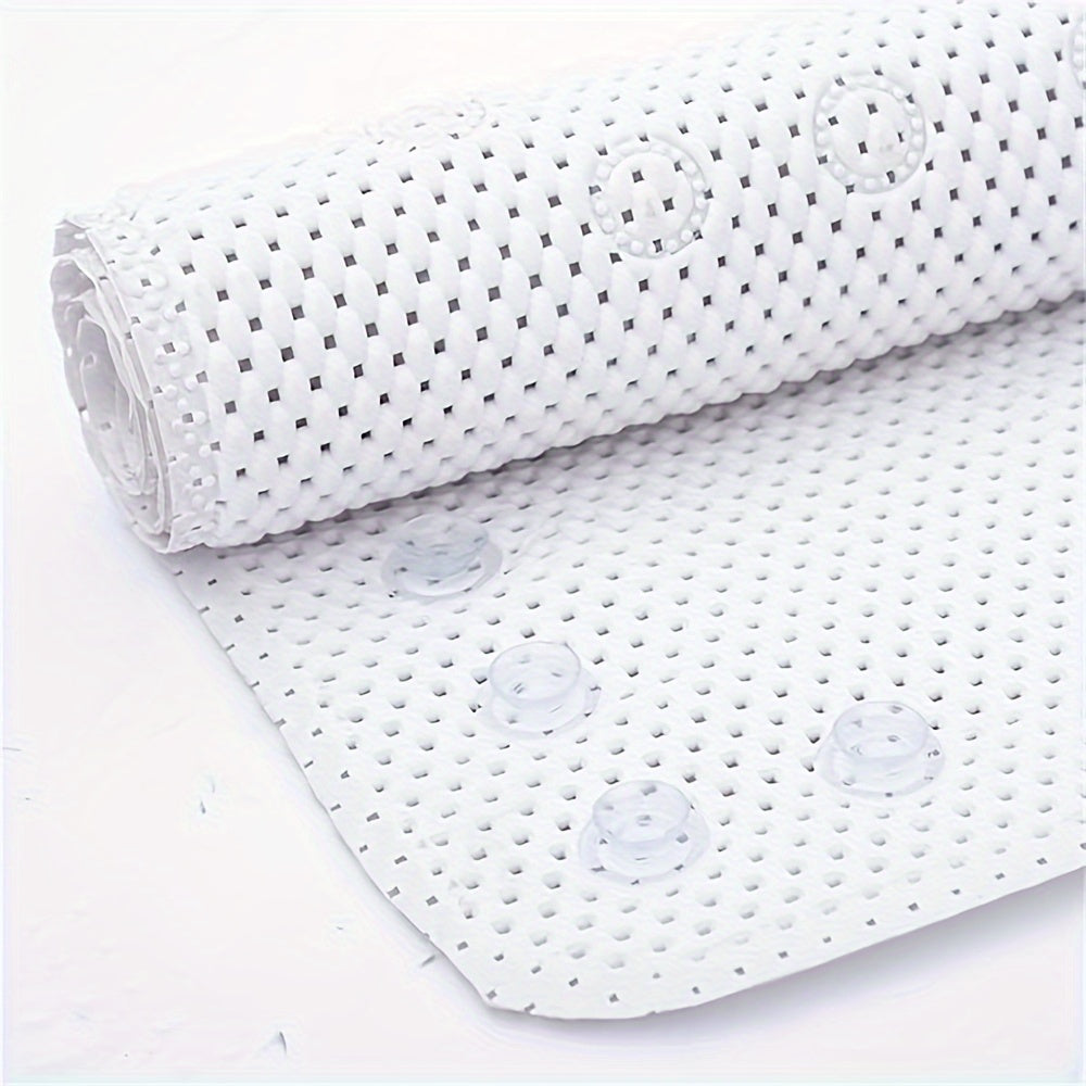 Non-slip bath tub mat made of soft foam with suction cups for pet-friendly use. Features an Americana style design with drain holes for slip-resistance. Easy to clean as it is machine washable. Made of a blend of ivory polyester and plastic, it fits