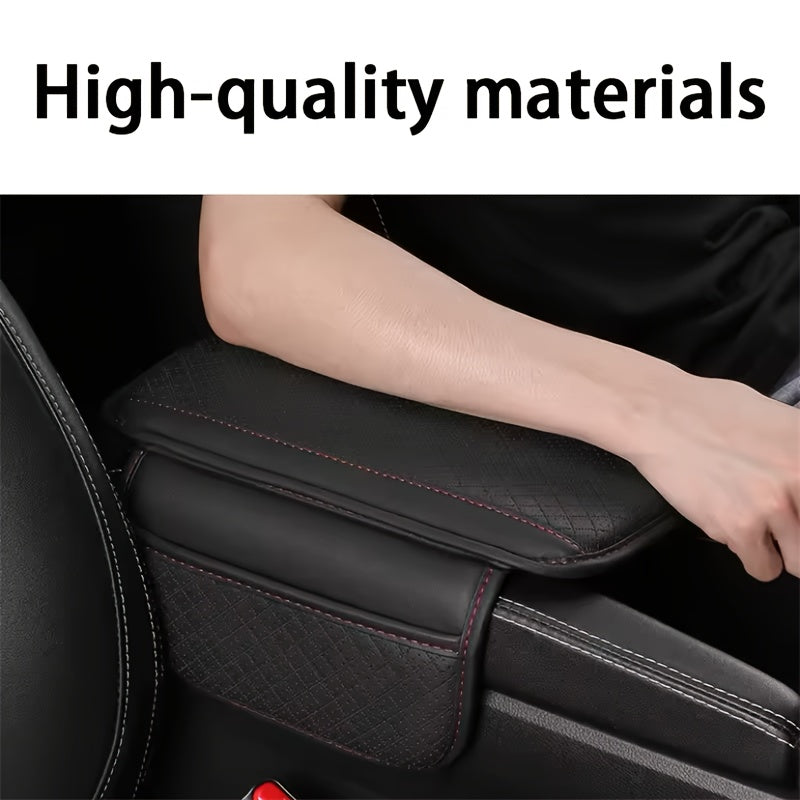 PU Leather Car Armrest Cushion with Memory Foam, Dual Storage Pockets, Elbow Support Pad, Anti-Scratch, Wear-Resistant, Breathable Design, Interior Accessory.