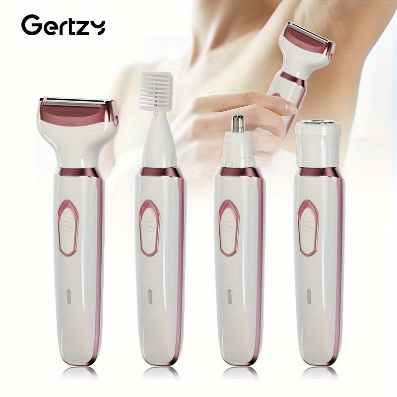 4-in-1 rechargeable electric razor for women. Can be used for face, nose, legs, underarm, and bikini trimming. Wet & dry, painless grooming kit. Portable and rechargeable.