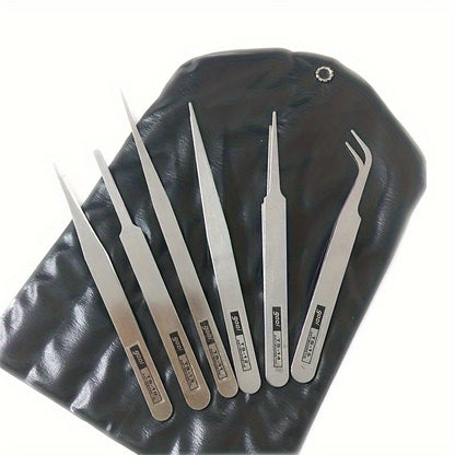 6pcs stainless steel tweezers for DIY, succulent care, and home use with precision straight and curved tips.