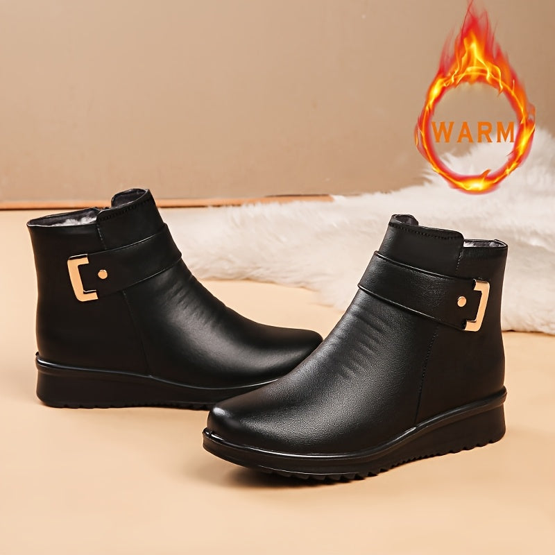 ZOLNEI Women's Winter Snow Boots feature a casual style with round toe, zipper closure, flat block heel, faux upper, warm fleece lining, and non-slip waterproof PU sole for all seasons.