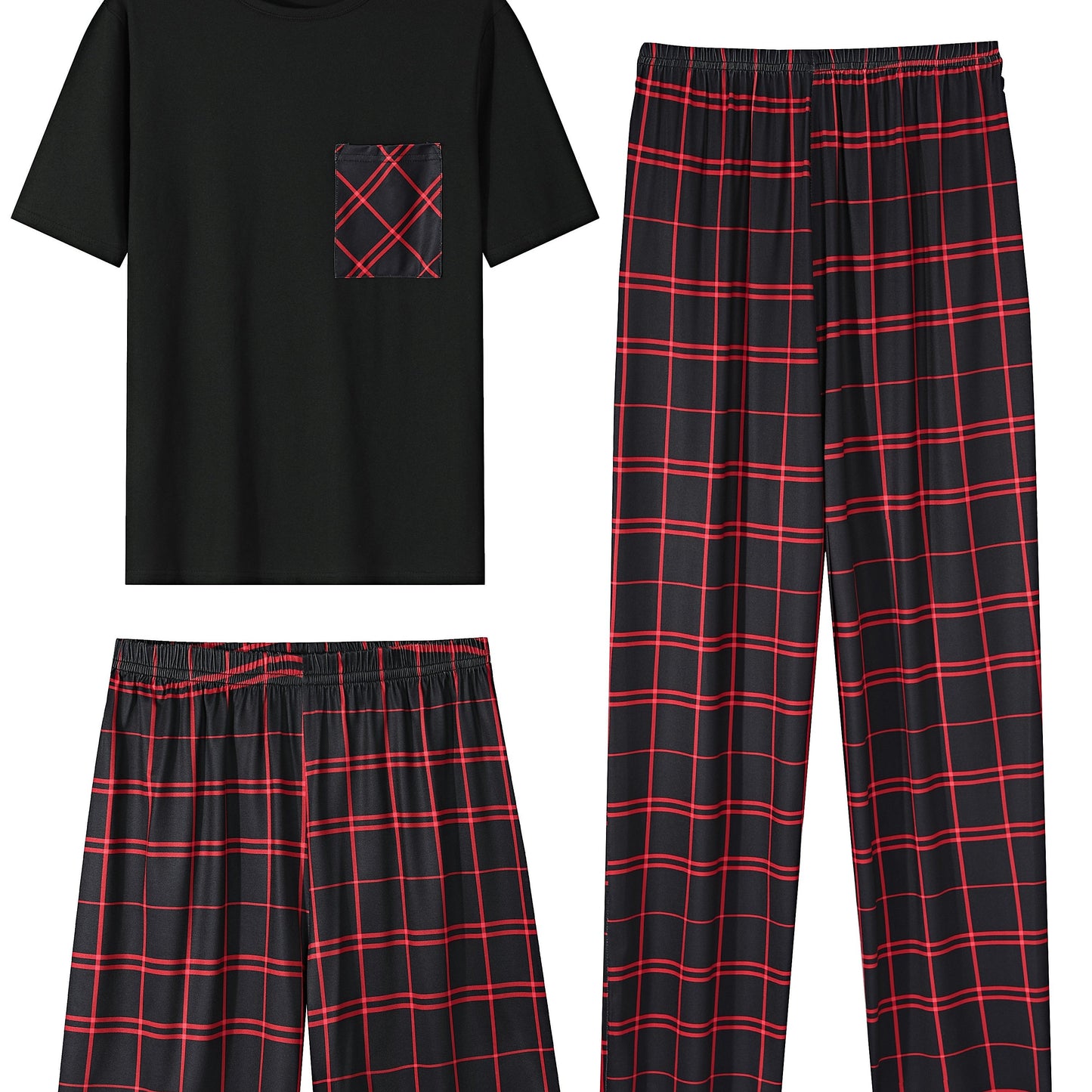 3-piece Plaid Pajama Set, short sleeve crew neck top with pocket, 100% knit polyester, all-season comfort, regular fit bottoms, medium stretch, no belt, 180gsm.