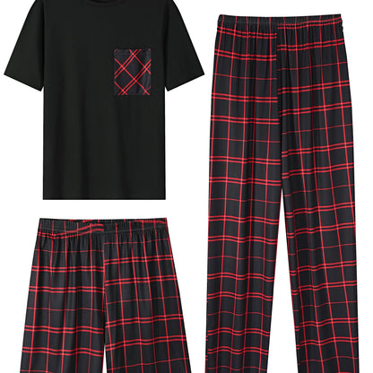 3-piece Plaid Pajama Set, short sleeve crew neck top with pocket, 100% knit polyester, all-season comfort, regular fit bottoms, medium stretch, no belt, 180gsm.