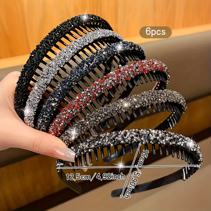 6pc Honey Girl Rhinestone Headbands with Teeth, Non-Slip Resin Hair Accessories for Teens, Casual Attire - Ages 15+, All Seasons, Mixed Rhinestones