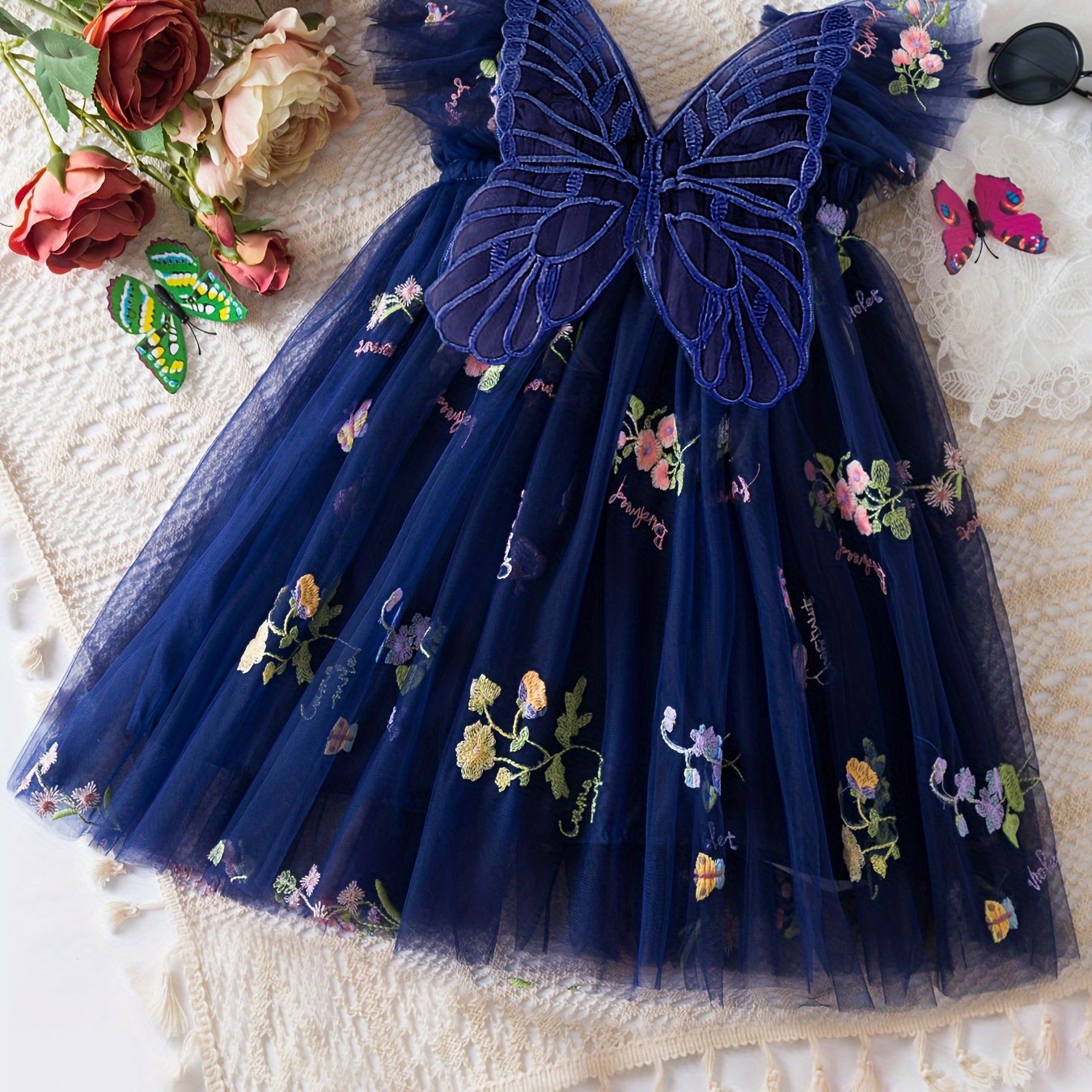 Girls Butterfly Princess Dress with Wings and Floral Mesh - Perfect Holiday Party Gift