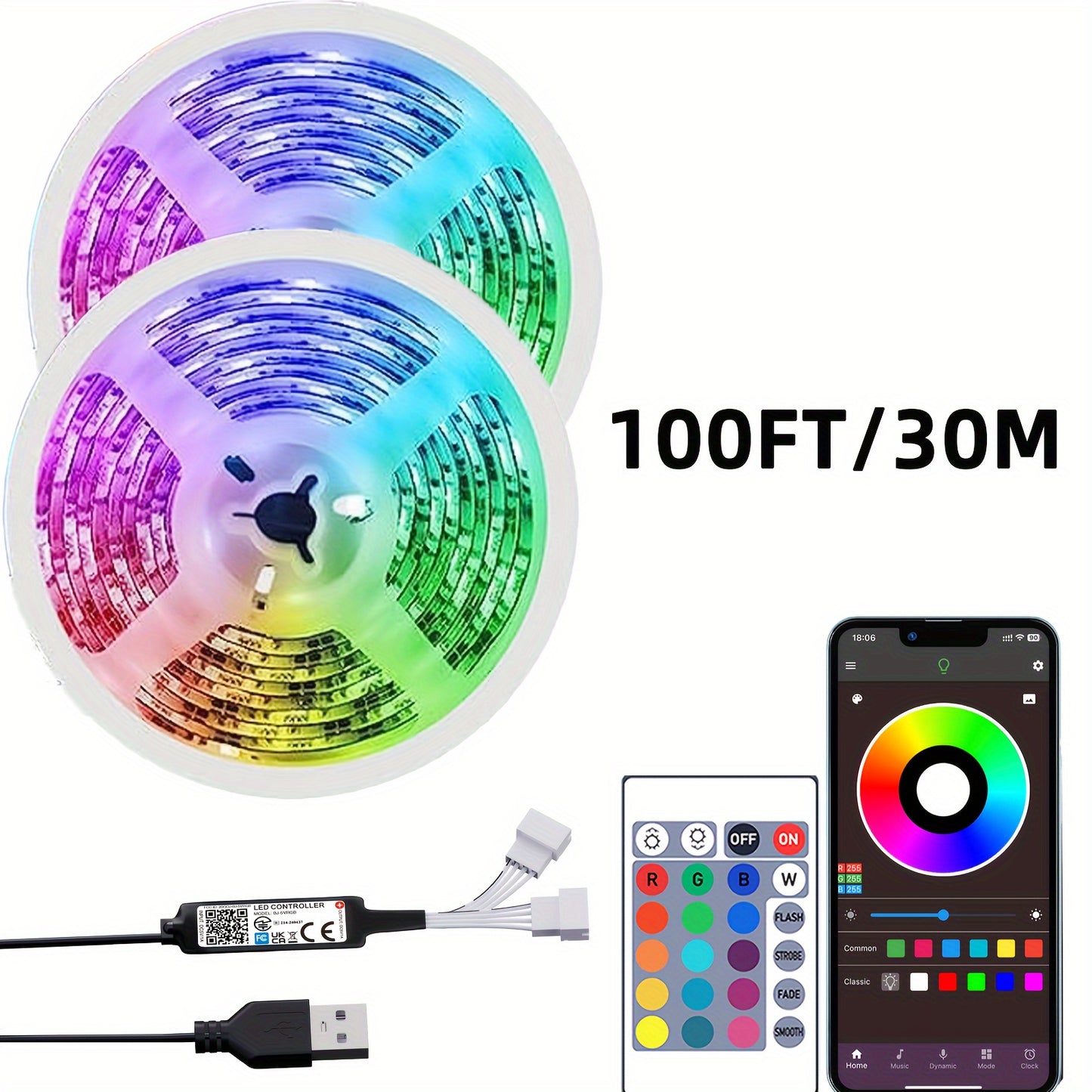 91.44cm-30.48m RGB LED strip lights with remote & app control, adjustable brightness, DIY mode, USB powered, ABS material, non-rechargeable button battery, for bedroom, living room, TV