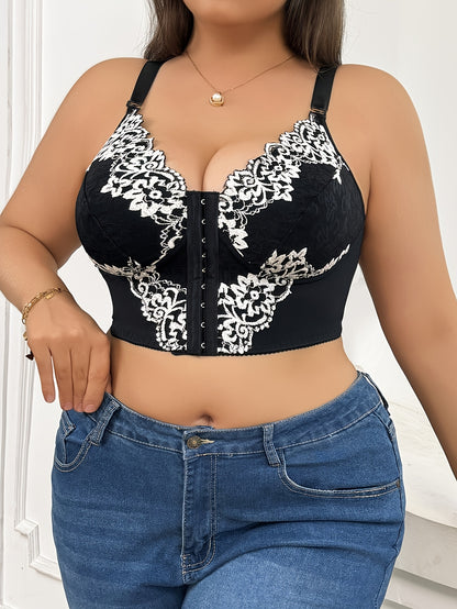 Plus size lace front-closure bra with floral print and contrasting lace detail, wide shoulder straps for comfort. Hand washable fabric in black and white.