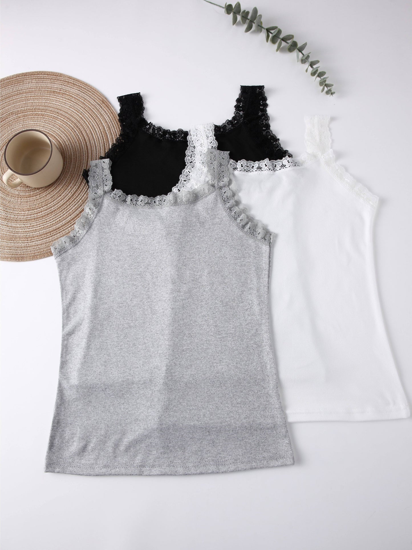 Women's Lace Trim Tank Tops in Black, White, & Beige - Seamless, Breathable, & Comfortable Nylon Blend.