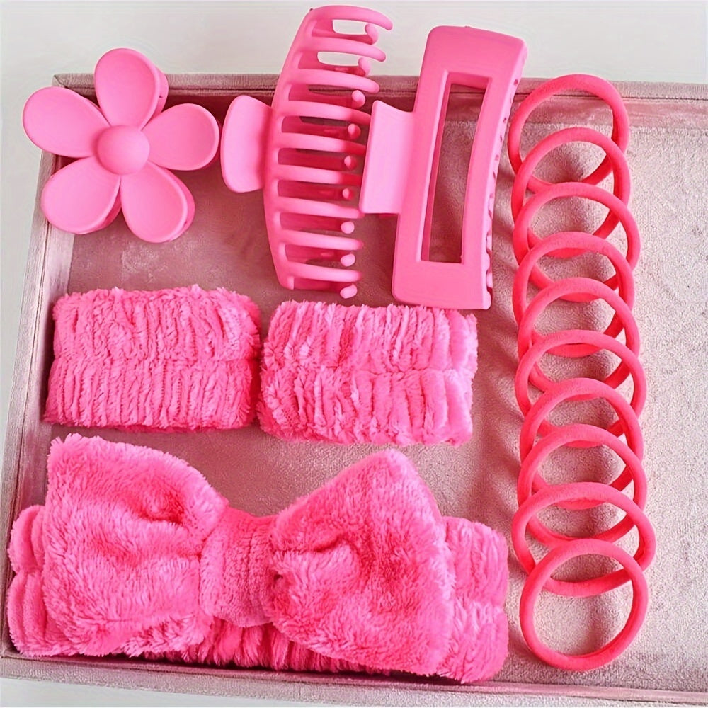 16-piece hair accessory set in pink & black for women and girls, includes headbands, wristbands, and hair clips, perfect for travel, spa, makeup, and gifting.