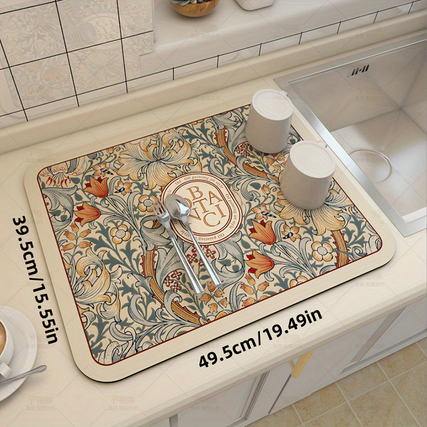 Floral Pattern Coffee Machine Mat, Multi-Functional Dish Drying Pad with Silica Gel Non-Slip Soft Pad for Kitchen and Bathroom. Easy to Clean with Polyester Cover and Silica Gel Material.