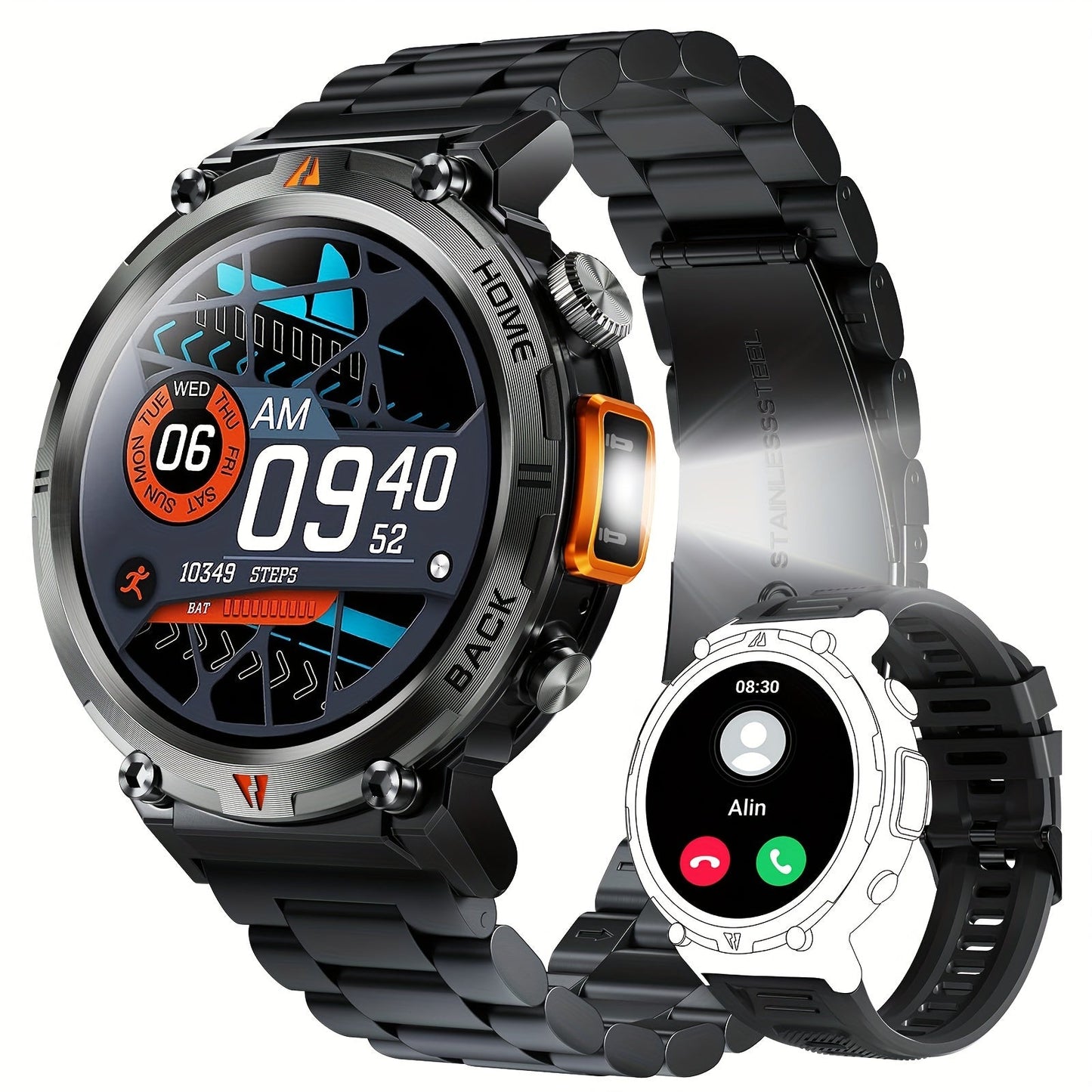 EIGIIS KE3 Men's Smartwatch offers a high-definition touch display, built-in LED flashlight, and the ability to receive calls and texts. It also includes a fitness tracker with a pedometer feature, designed for use with both iPhone and Android devices.