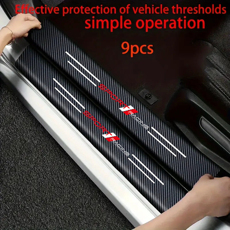 9pcs Car Door Sill Guards with Racing Emblem - Anti-Slip, Scratch-Resistant PVC Welcome Strips, Easy Install, Fits All Cars