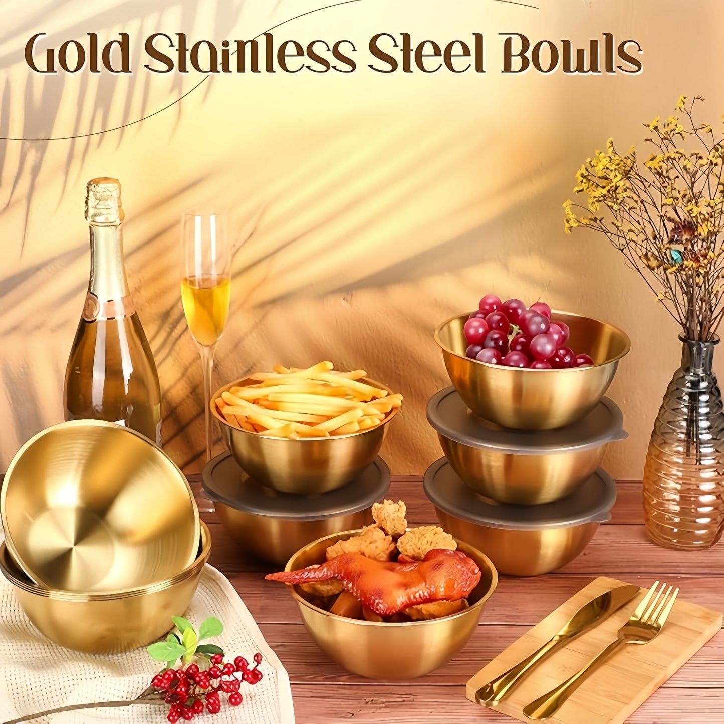 4pcs of 17.02 cm Gold Mixing Bowls with Airtight Lids, ideal for serving salads, fruits, soups, and snacks.