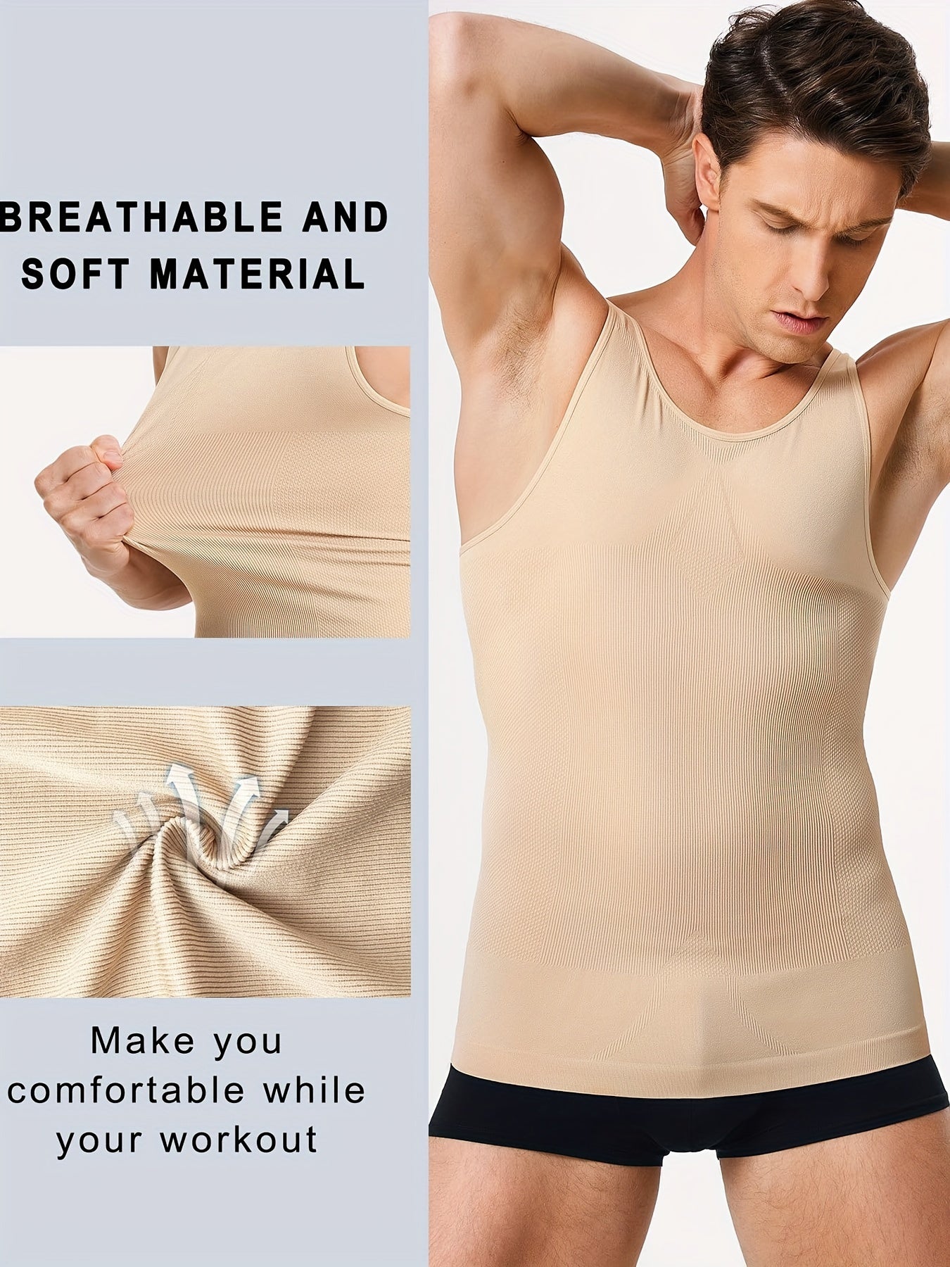 Men's slimming body shaper tank top made of breathable nylon-spandex blend. Sleeveless with off-shoulder neckline. Flexible and stretchy for all-season wear. Sporty style.