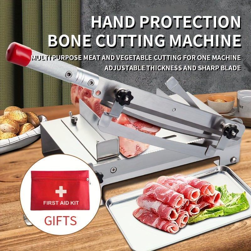 Manual mandoline slicer made of stainless steel - versatile hand protection device for cutting bones with adjustable thickness, featuring a sharp rectangular blade for slicing meat and vegetables.