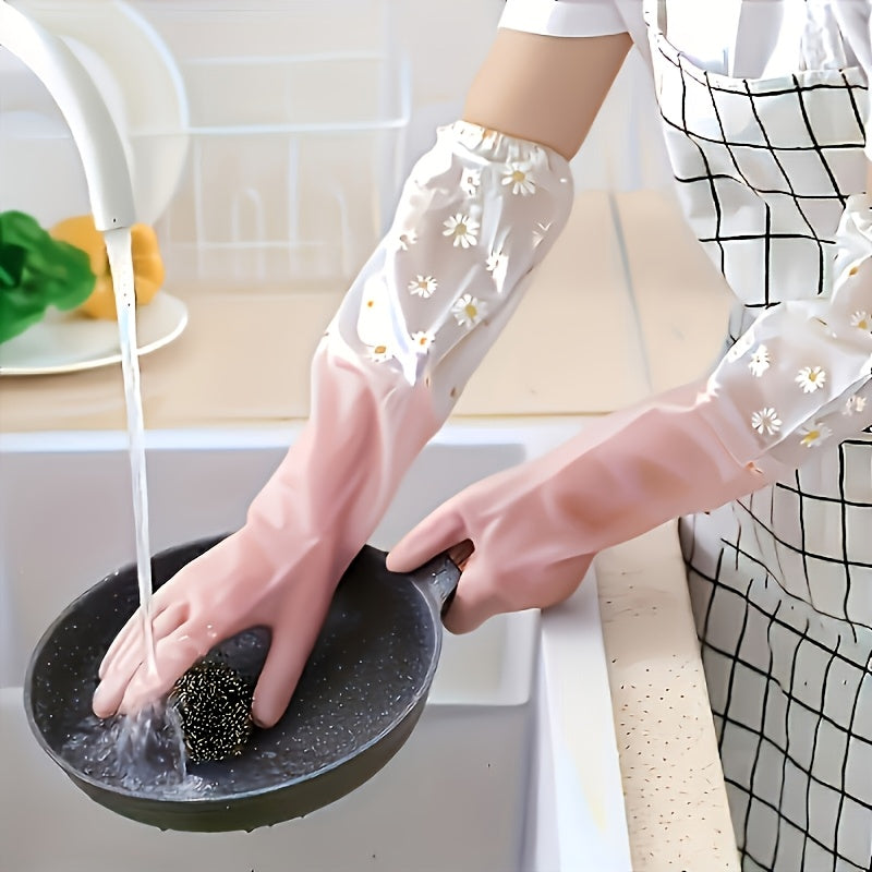 Pink cleaning gloves with floral design, made of waterproof PVC and featuring a daisy pattern. Non-slip and alcohol-free, versatile for use in the kitchen, bathroom, laundry, and more.