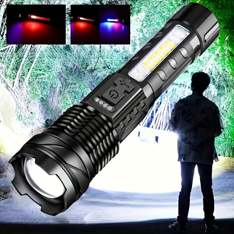 Rechargeable torch flood light for outdoor activities like camping, fishing, hunting, climbing, biking, and hiking.