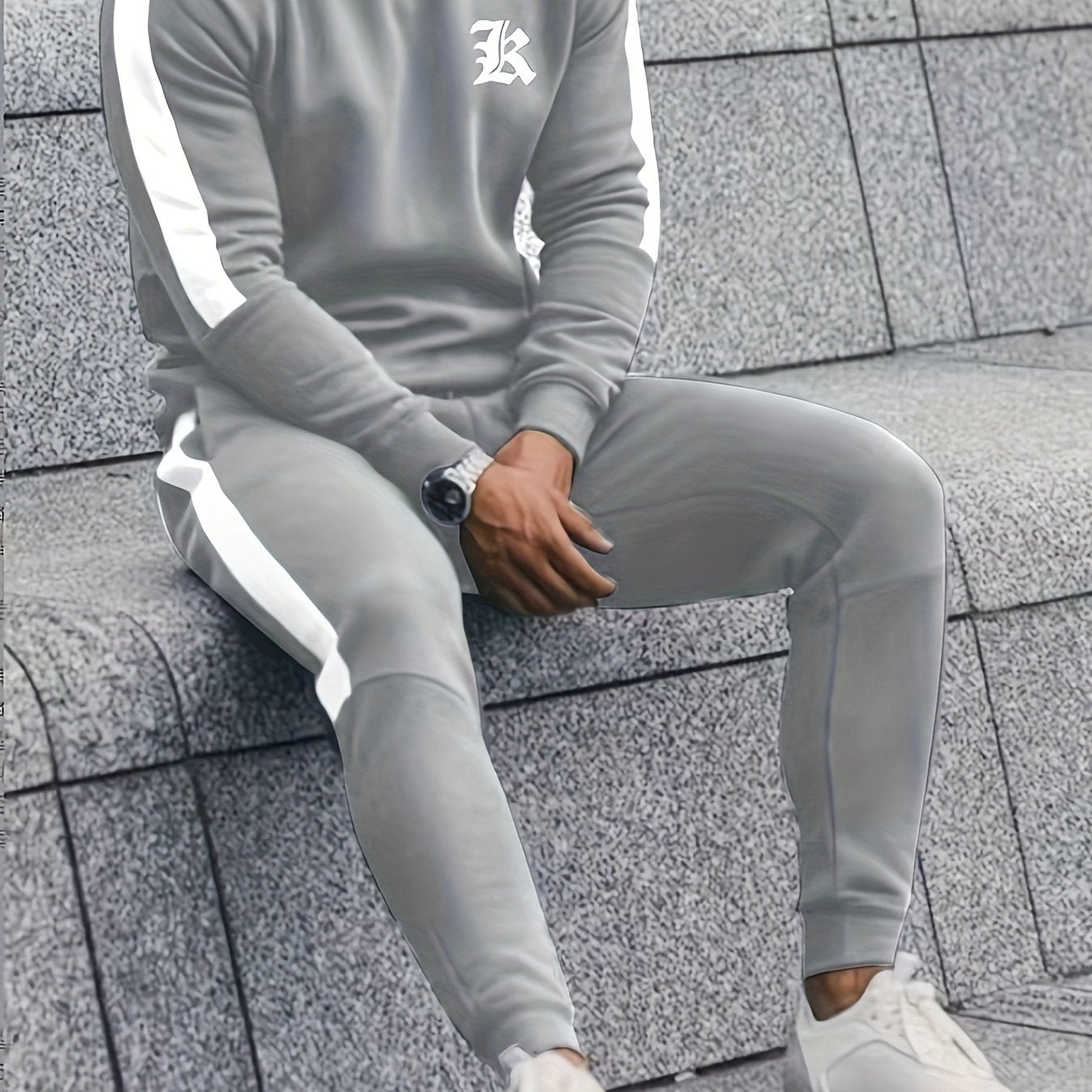 Men's casual sporty tracksuit with letter print in polyester, crew neck sweatshirt & joggers set for fall/winter