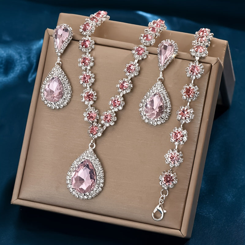 Bridal Jewelry Set: Exquisite Luxury 925 Silver Plated Set with Flower Design and Synthetic Diamonds, Featuring a Copper Construction. Includes Teardrop Necklace, Earrings, and Bracelet - Perfect for Weddings and Banquets.