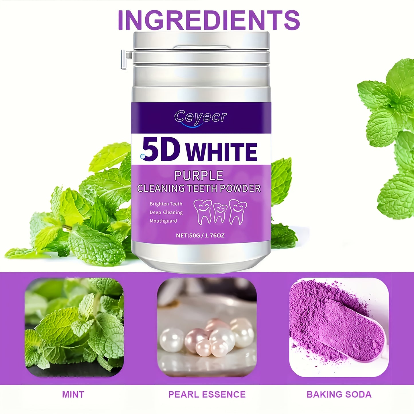 1pc CEYECR 5D White Purple Teeth Whitening Powder - Natural Pearl Formula, 50g - Ideal for Daily Use & Travel, Men & Women, Fresh Breath & Deep Cleaning.