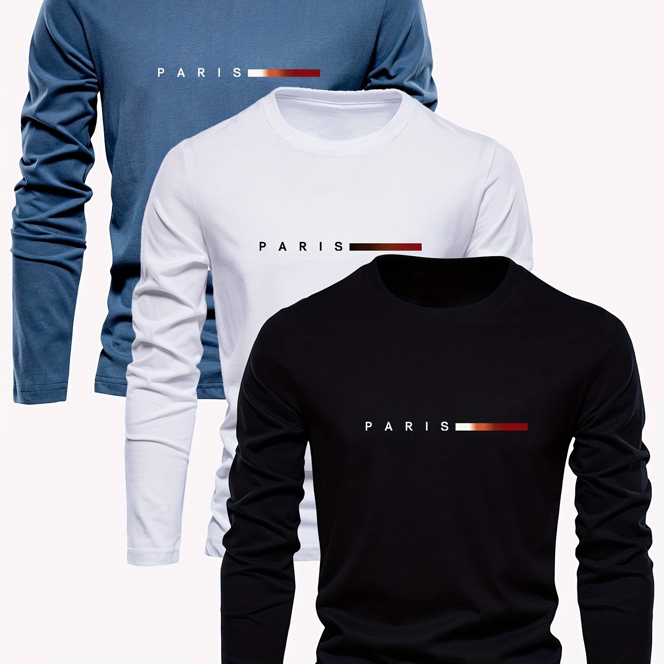 Three men's long sleeve cotton t-shirts with Paris print design, ideal for spring and fall.