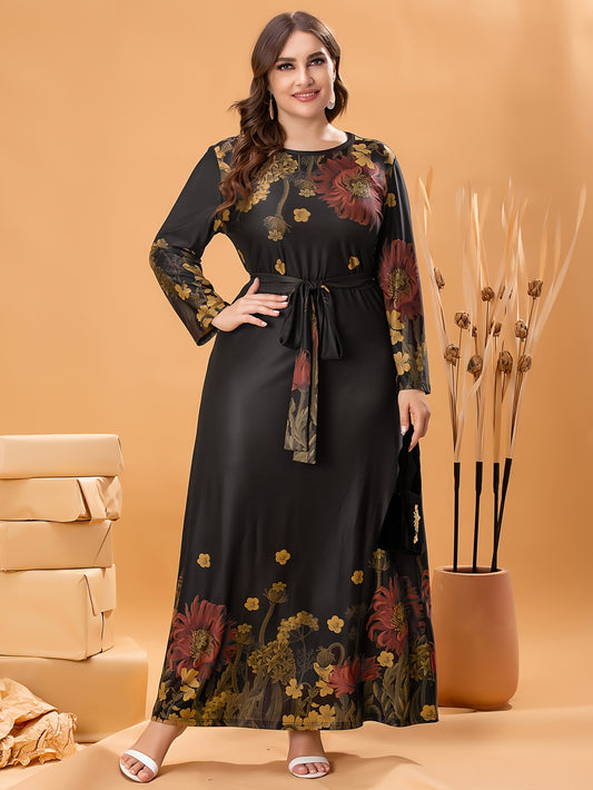 Elegant plus size floral print dress with belt, stretchy polyester, long sleeves, round neckline, A-line silhouette, machine washable, perfect for all seasons, casual outdoor wear.