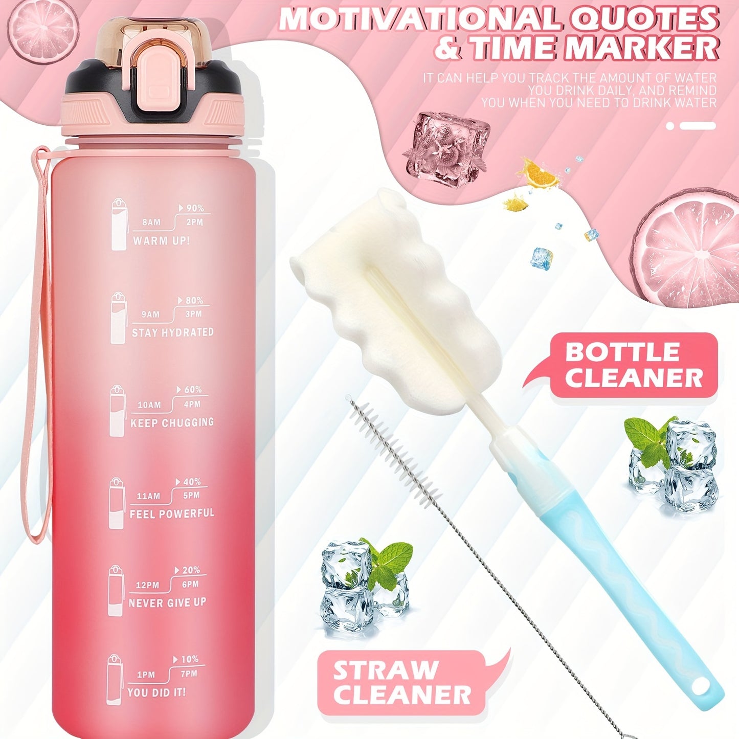 Durable 1L sports water bottle with straw, BPA-free, time marker for various activities.