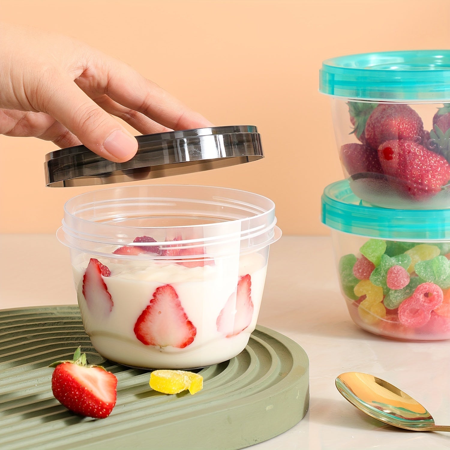 Two pieces of transparent food storage containers with blue lids - microwave safe and freshness preserving round boxes for storing grains, nuts, fruits, and more - perfect for use in home kitchens.