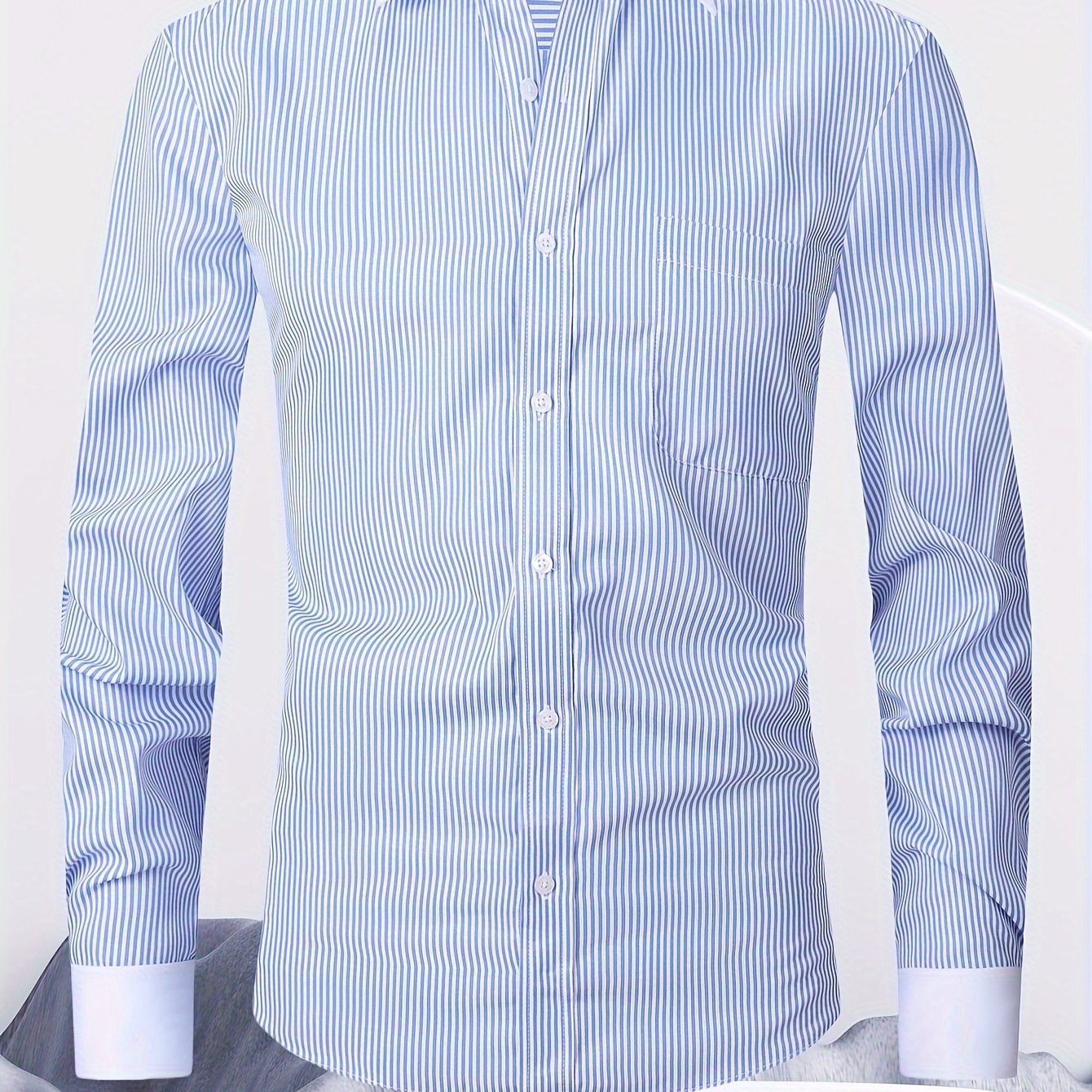 Men's French-style dress shirt with stripes and cufflinks included.