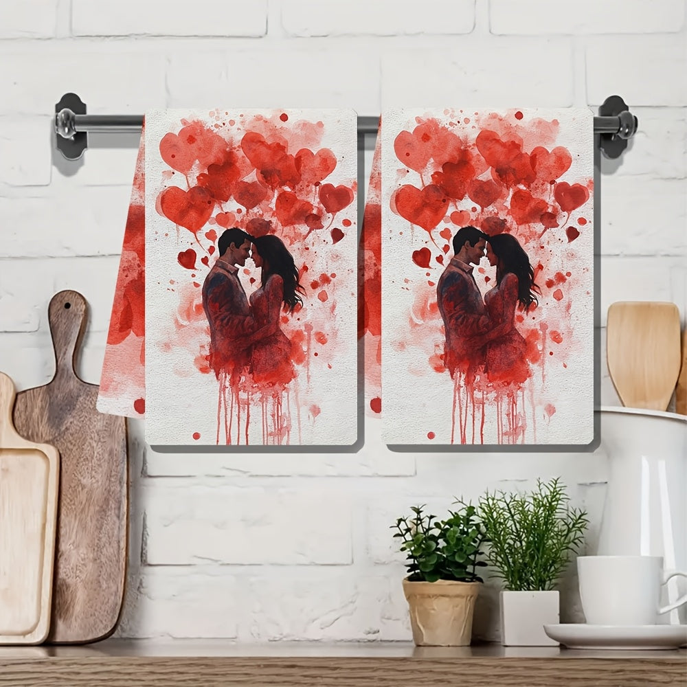 Set of 2 Romantic Love-Themed Kitchen Towels - Made of Ultra Soft & Highly Absorbent Polyester, Perfect for Drying Dishes - Machine Washable, Size 40.64x60.96 cm - Great Addition to Valentine's Day Decor featuring Heart Splatter Design