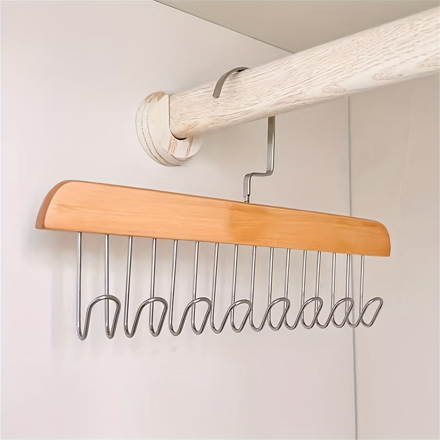 Versatile solid wood clothes hanger with 8 hooks for storage of underwear, vests, ties, and clothing. Ideal for use in clothing stores or as a clothes drying rack.