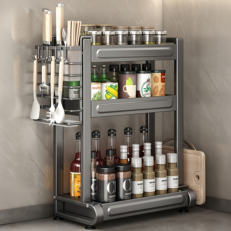 Metal Spice Rack Organizer with 3 Tiers - Versatile Countertop Storage Solution for Kitchen Gadgets, Cutlery, and Gray Tiered Shelf for Easy Organization - Sturdy Kitchen Rack for Long-lasting Use.