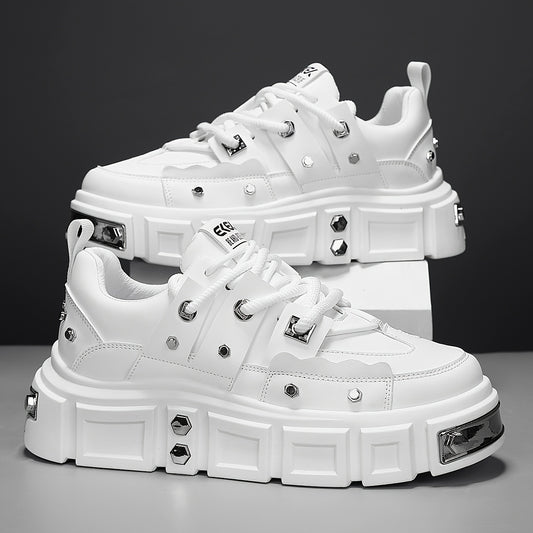 Chunky, punk-inspired sneakers with metal stud accents. Streetwear fashion statement in white, thick-soled trainers. Ideal for skateboarding, parties, and everyday wear. Unisex.